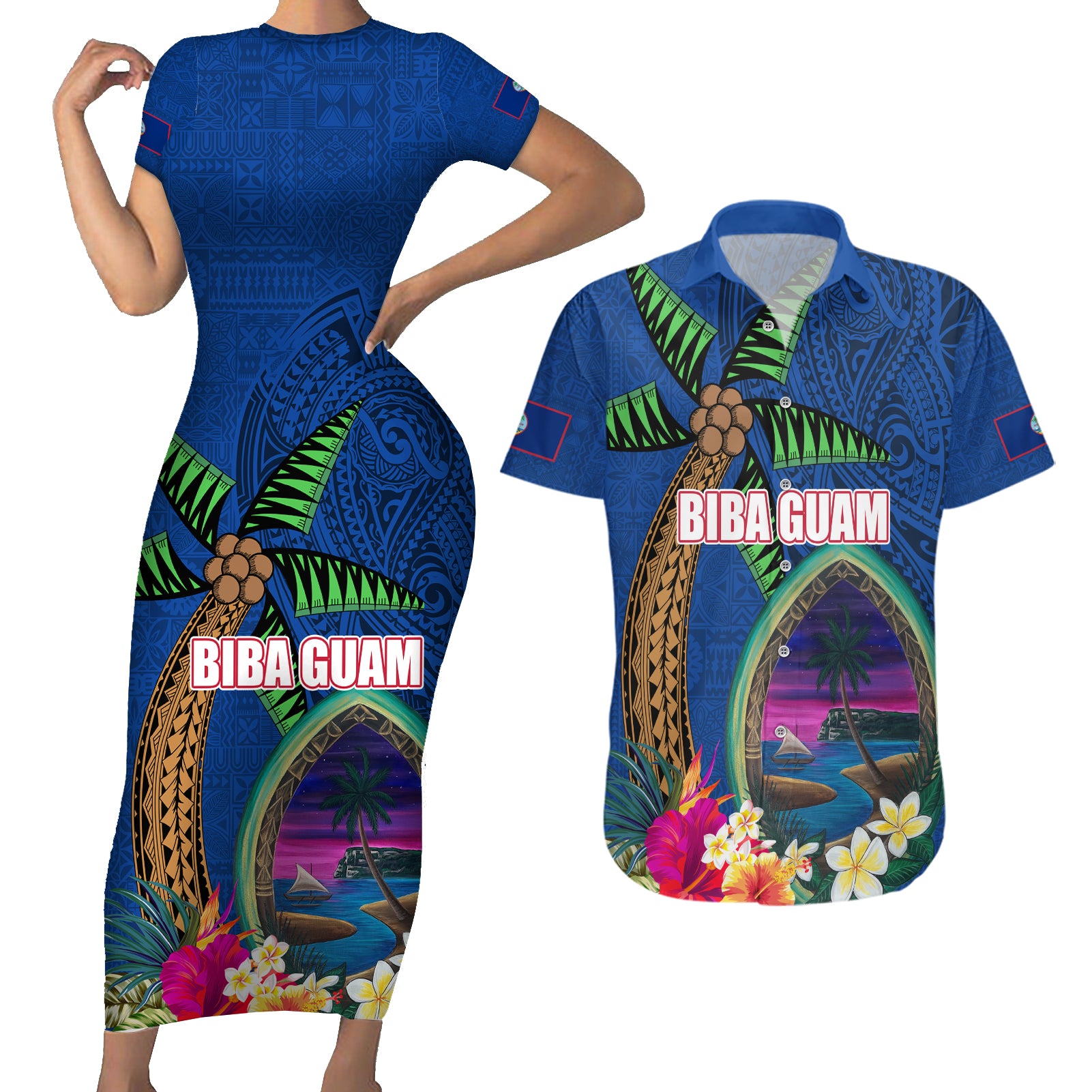 Guam Liberation Day 80th Anniversary Couples Matching Short Sleeve Bodycon Dress and Hawaiian Shirt Palm Tree and Seal Artwork Hibiscus Polynesian Pattern