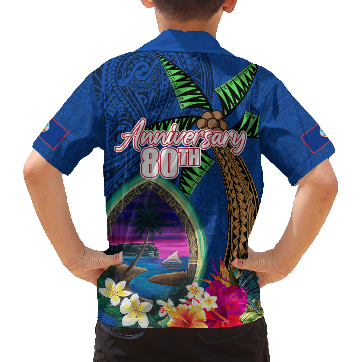 Guam Liberation Day 80th Anniversary Family Matching Long Sleeve Bodycon Dress and Hawaiian Shirt Palm Tree and Seal Artwork Hibiscus Polynesian Pattern