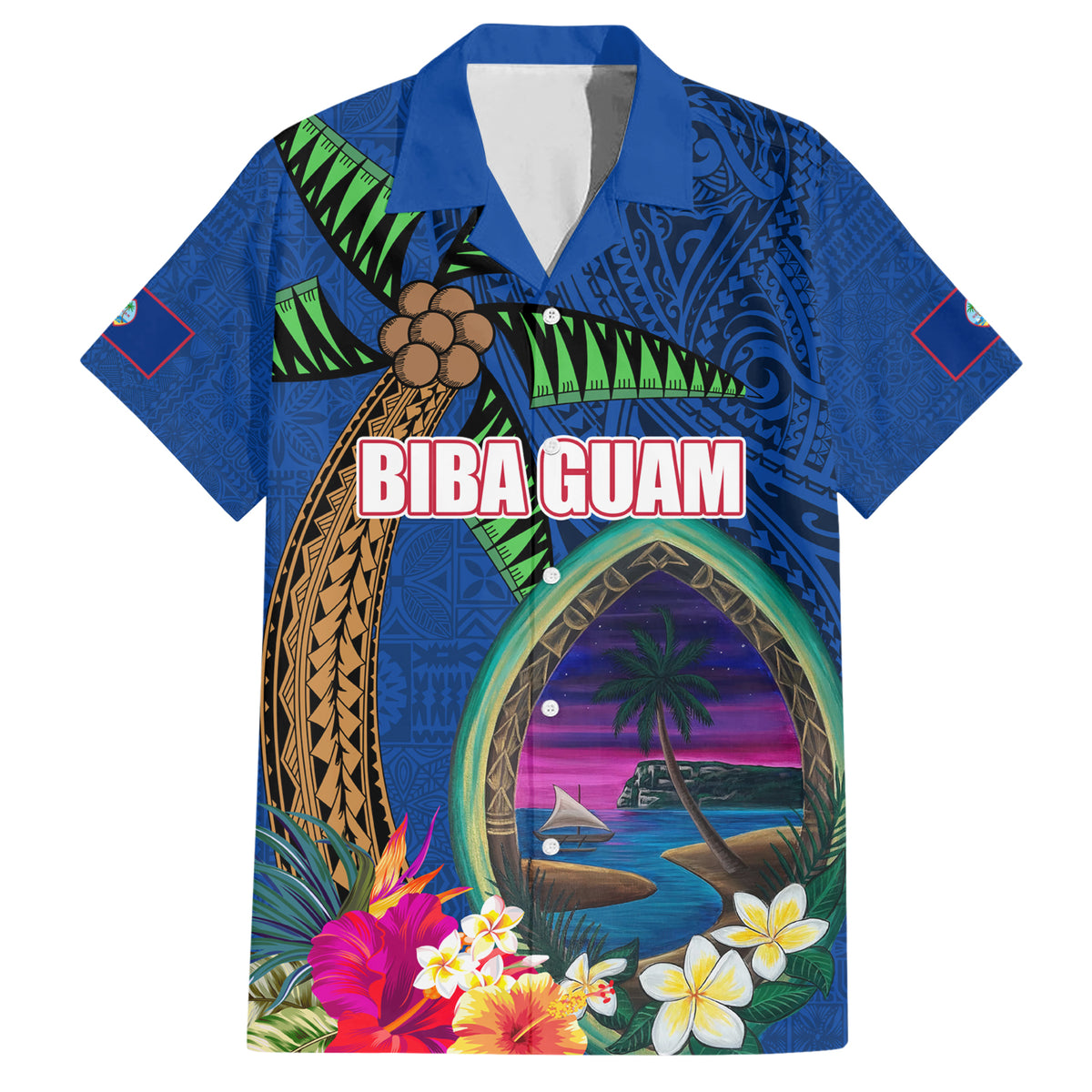 Guam Liberation Day 80th Anniversary Family Matching Short Sleeve Bodycon Dress and Hawaiian Shirt Palm Tree and Seal Artwork Hibiscus Polynesian Pattern