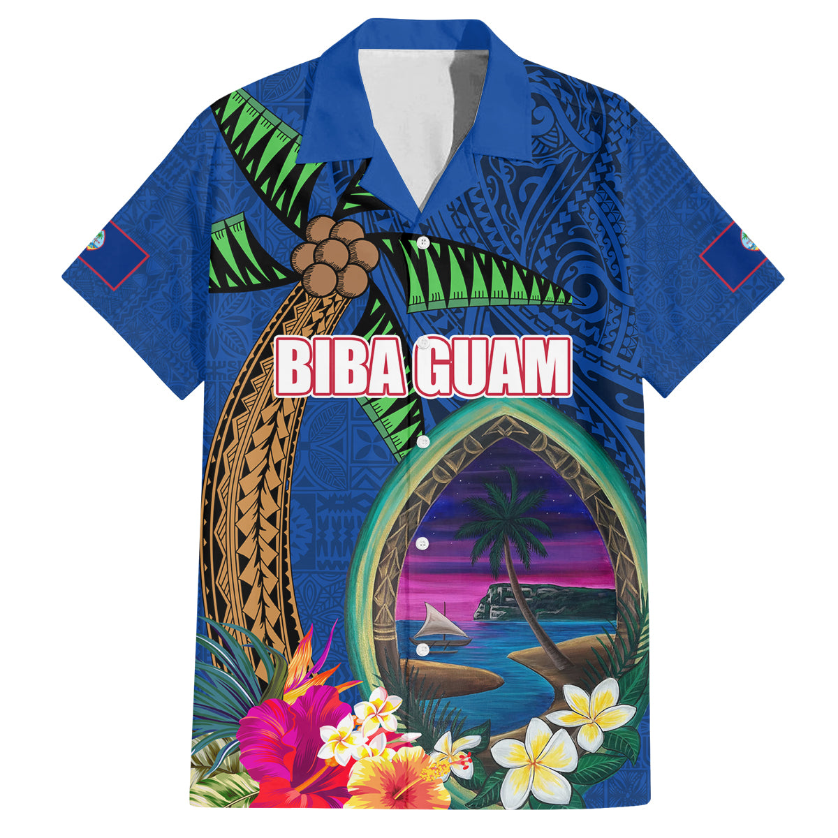 Guam Liberation Day 80th Anniversary Family Matching Summer Maxi Dress and Hawaiian Shirt Palm Tree and Seal Artwork Hibiscus Polynesian Pattern