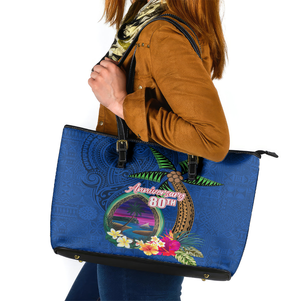 Guam Liberation Day 80th Anniversary Leather Tote Bag Palm Tree and Seal Artwork Hibiscus Polynesian Pattern