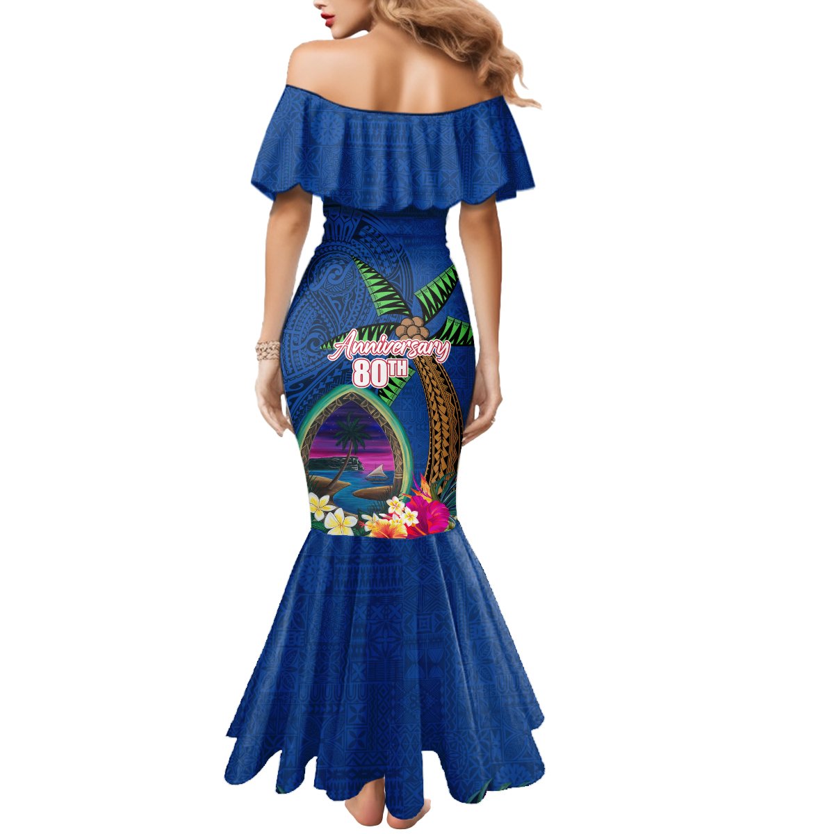 Guam Liberation Day 80th Anniversary Mermaid Dress Palm Tree and Seal Artwork Hibiscus Polynesian Pattern