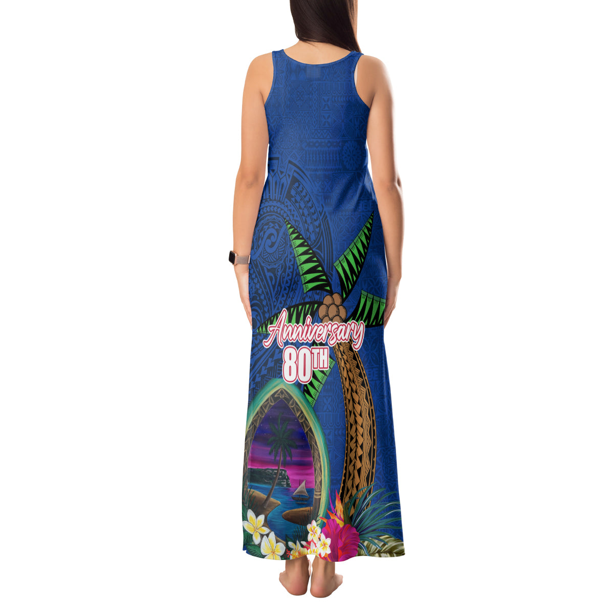 Guam Liberation Day 80th Anniversary Tank Maxi Dress Palm Tree and Seal Artwork Hibiscus Polynesian Pattern