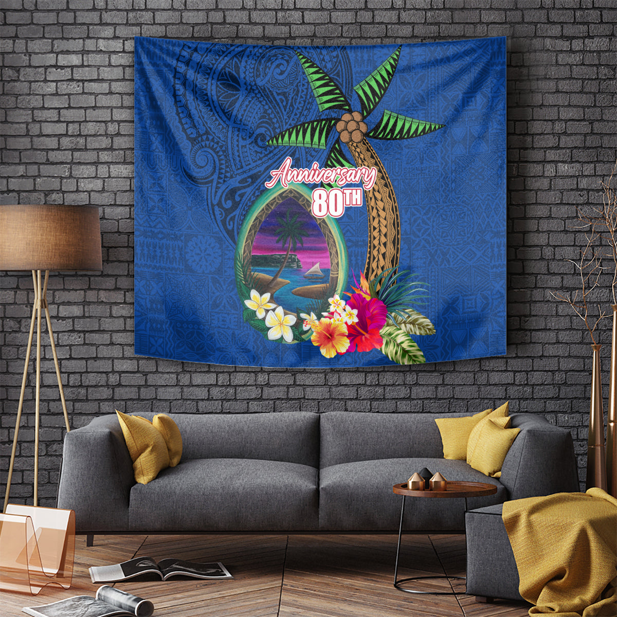Guam Liberation Day 80th Anniversary Tapestry Palm Tree and Seal Artwork Hibiscus Polynesian Pattern