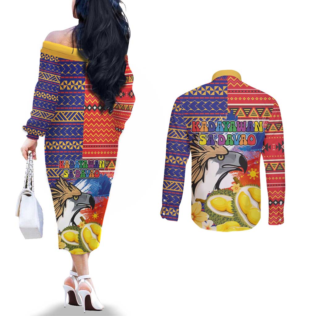 Philippines Kadayawan Couples Matching Off The Shoulder Long Sleeve Dress and Long Sleeve Button Shirt Filipino Eagle Durian with Polynesian and Igorots Pattern