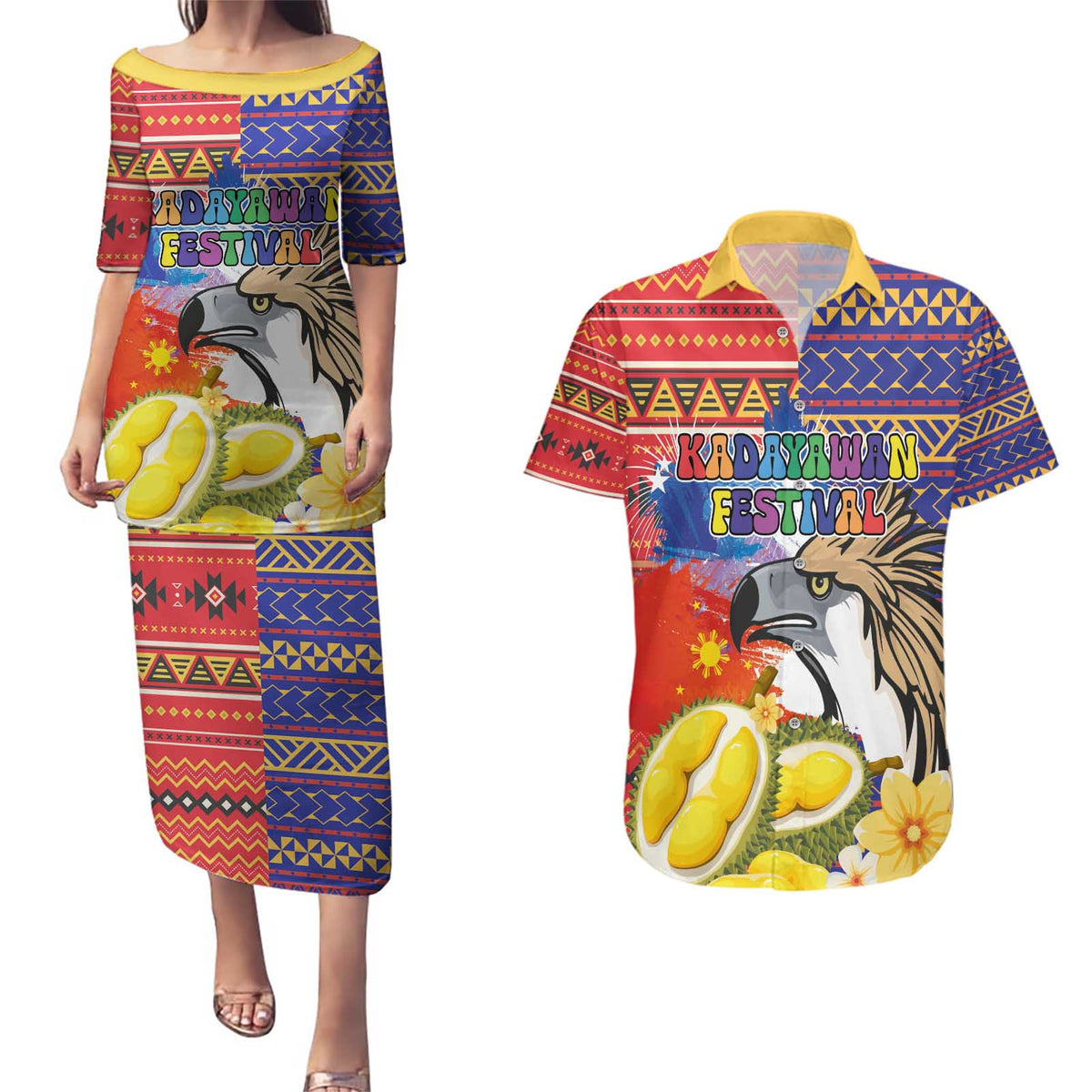 Philippines Kadayawan Couples Matching Puletasi and Hawaiian Shirt Filipino Eagle Durian with Polynesian and Igorots Pattern