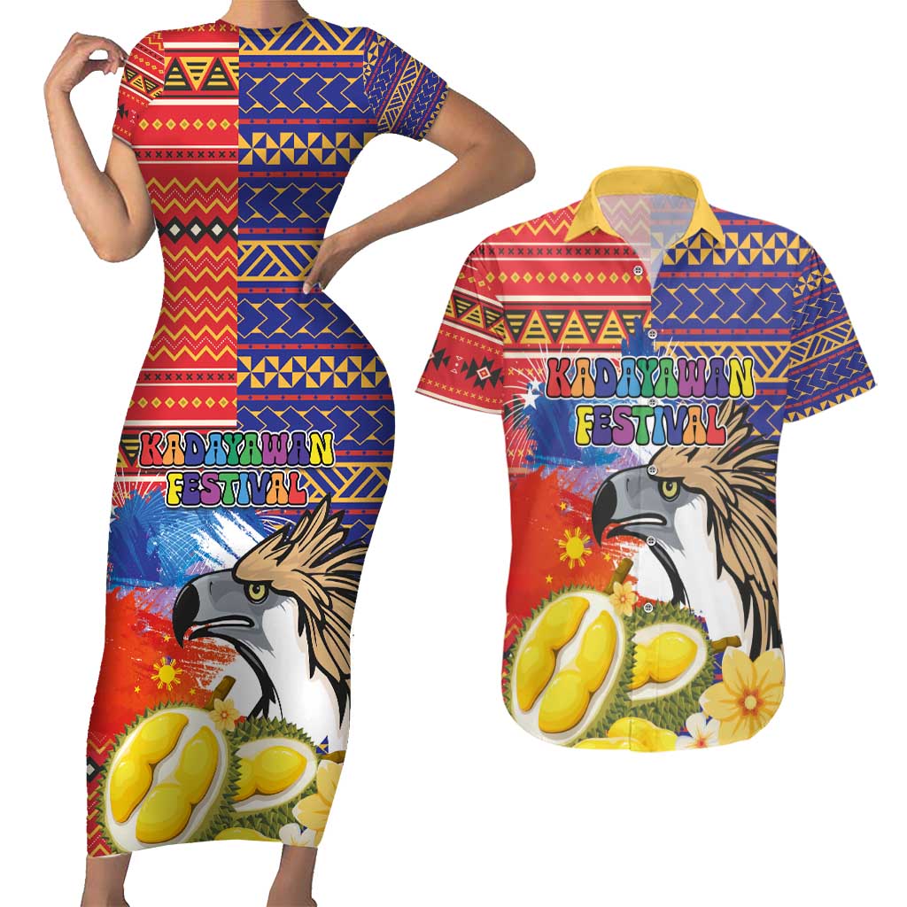 Philippines Kadayawan Couples Matching Short Sleeve Bodycon Dress and Hawaiian Shirt Filipino Eagle Durian with Polynesian and Igorots Pattern