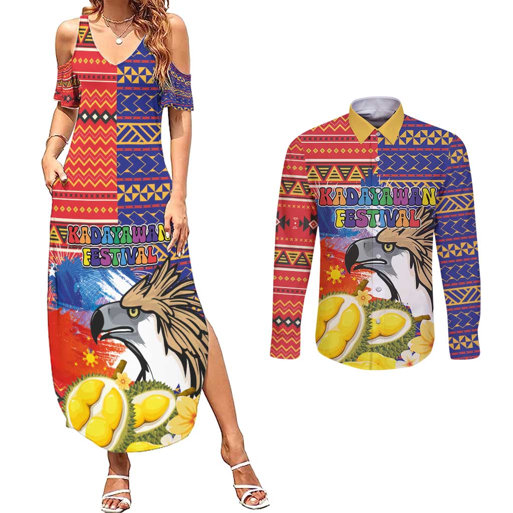 Philippines Kadayawan Couples Matching Summer Maxi Dress and Long Sleeve Button Shirt Filipino Eagle Durian with Polynesian and Igorots Pattern