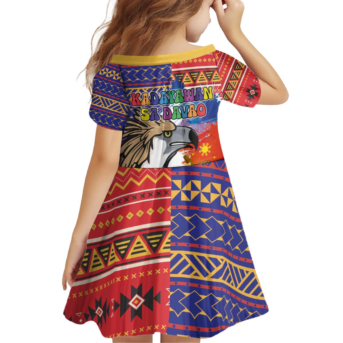 Philippines Kadayawan Kid Short Sleeve Dress Filipino Eagle Durian with Polynesian and Igorots Pattern