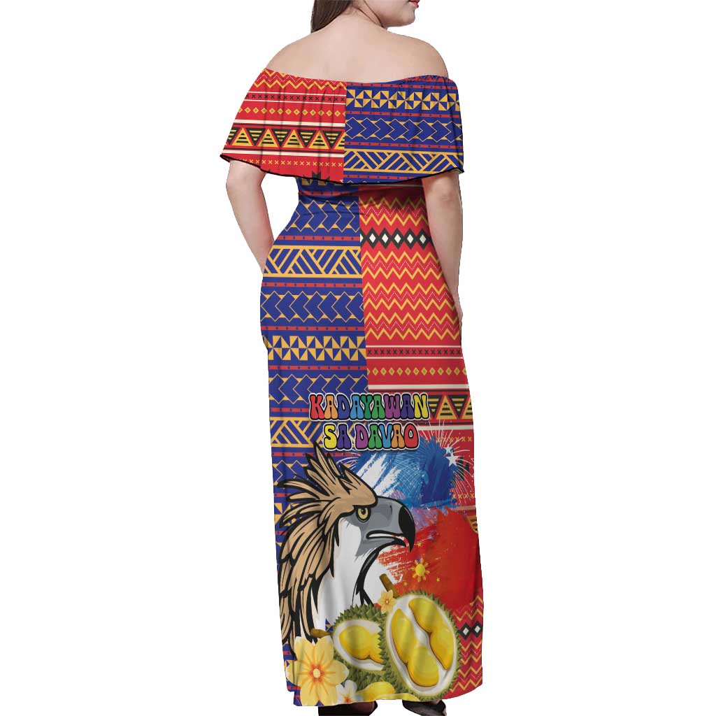 Philippines Kadayawan Off Shoulder Maxi Dress Filipino Eagle Durian with Polynesian and Igorots Pattern