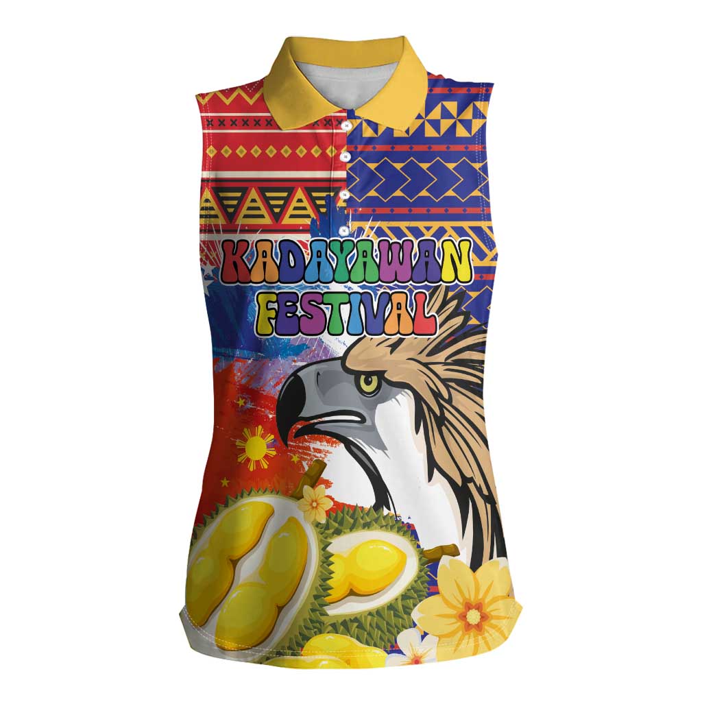 Philippines Kadayawan Women Sleeveless Polo Shirt Filipino Eagle Durian with Polynesian and Igorots Pattern