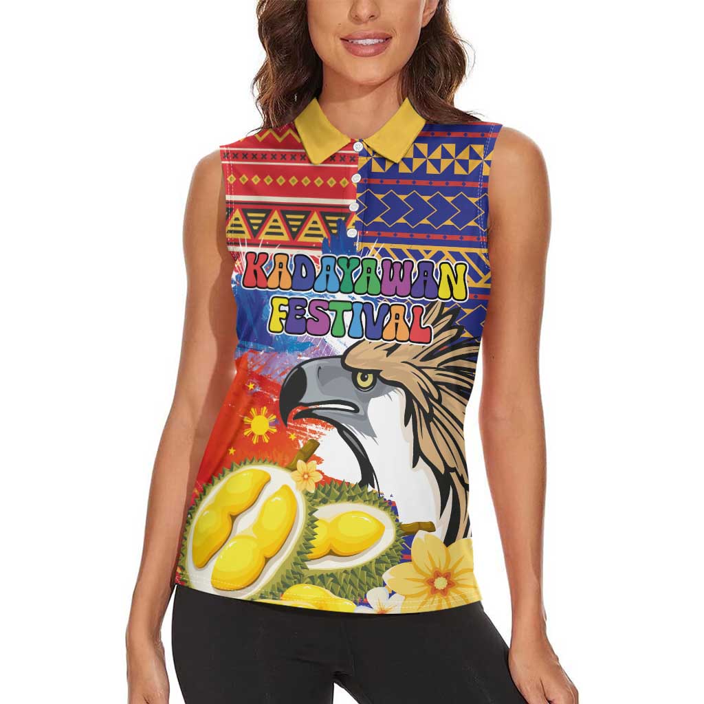 Philippines Kadayawan Women Sleeveless Polo Shirt Filipino Eagle Durian with Polynesian and Igorots Pattern