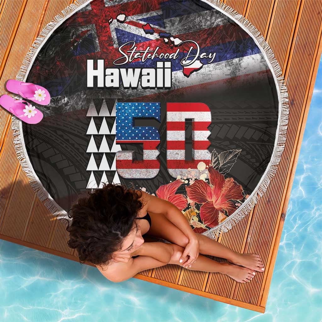 Hawaii Statehood Day Beach Blanket 50th state of the United States Kakau Tattoos and Hibiscus Grunge - Polynesian Pride