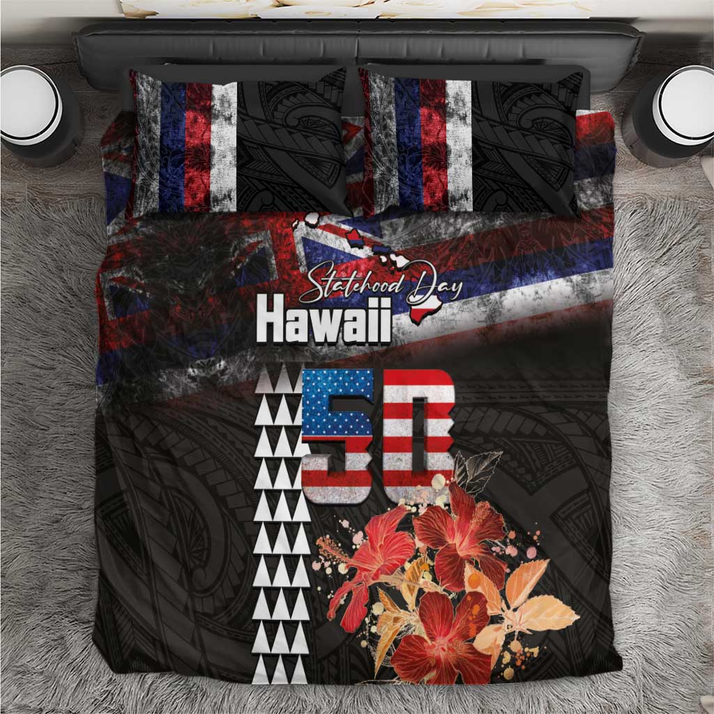 Hawaii Statehood Day Bedding Set 50th state of the United States Kakau Tattoos and Hibiscus Grunge - Polynesian Pride