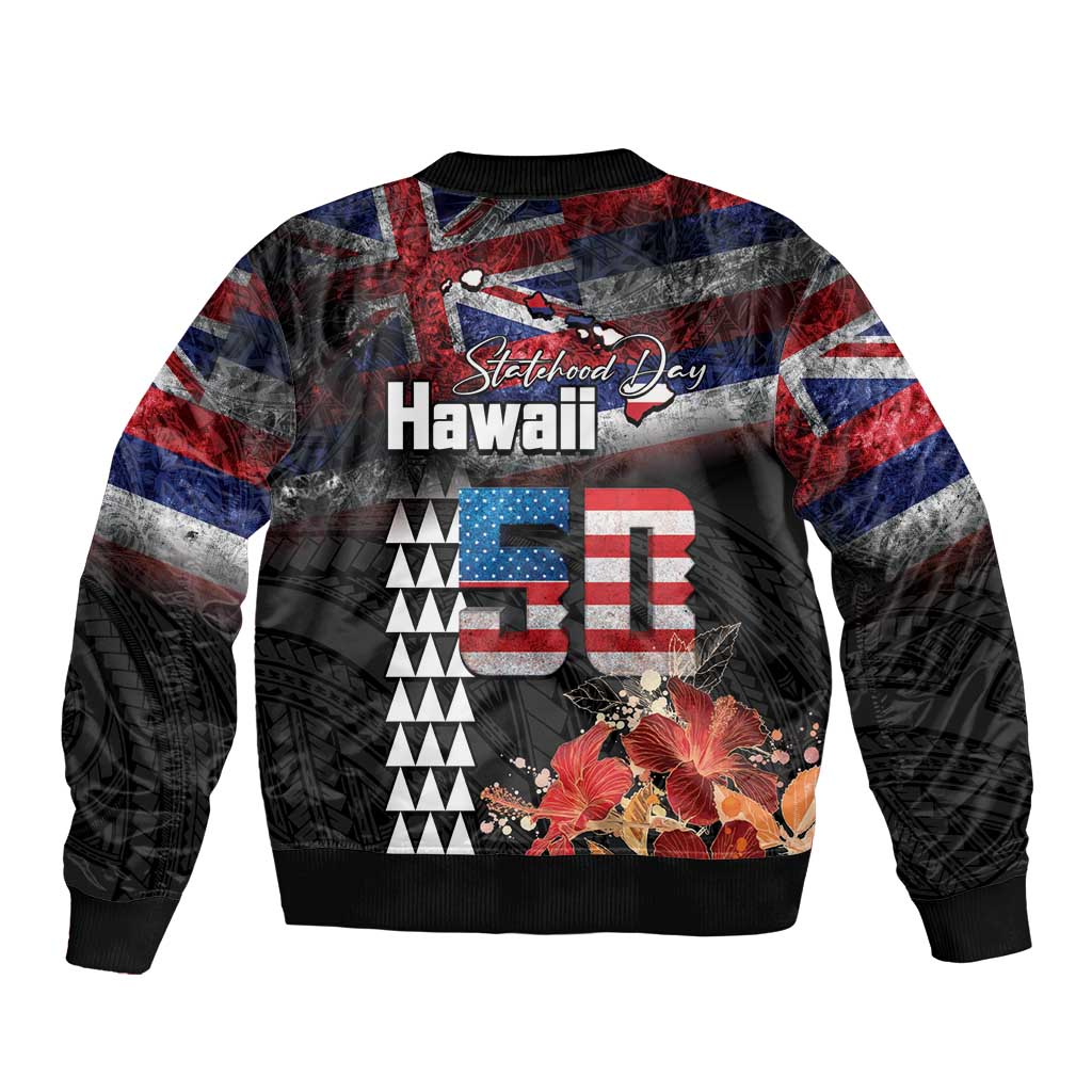 Hawaii Statehood Day Bomber Jacket 50th state of the United States Kakau Tattoos and Hibiscus Grunge LT03 - Polynesian Pride