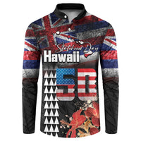 Hawaii Statehood Day Button Sweatshirt 50th state of the United States Kakau Tattoos and Hibiscus Grunge LT03 Black - Polynesian Pride