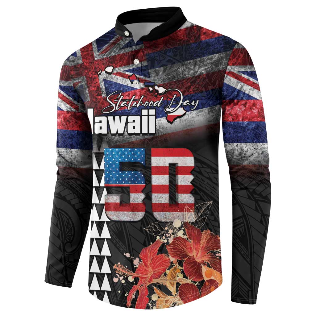 Hawaii Statehood Day Button Sweatshirt 50th state of the United States Kakau Tattoos and Hibiscus Grunge LT03 - Polynesian Pride