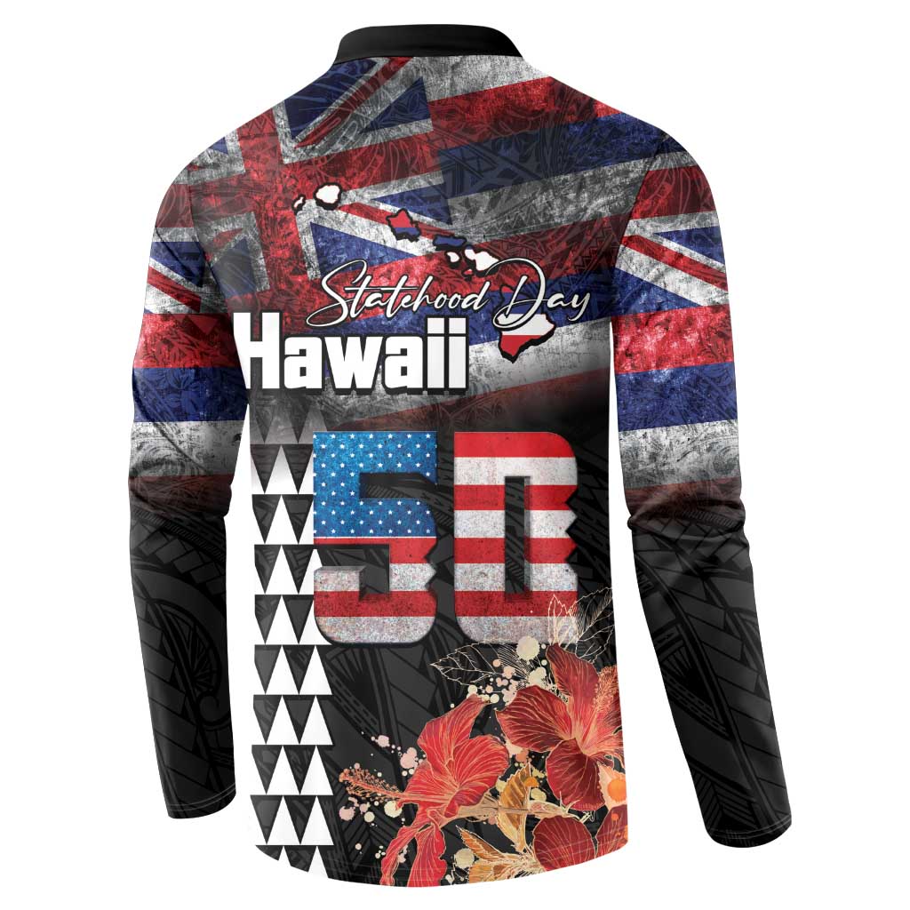 Hawaii Statehood Day Button Sweatshirt 50th state of the United States Kakau Tattoos and Hibiscus Grunge LT03 - Polynesian Pride