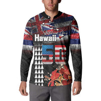 Hawaii Statehood Day Button Sweatshirt 50th state of the United States Kakau Tattoos and Hibiscus Grunge LT03 - Polynesian Pride
