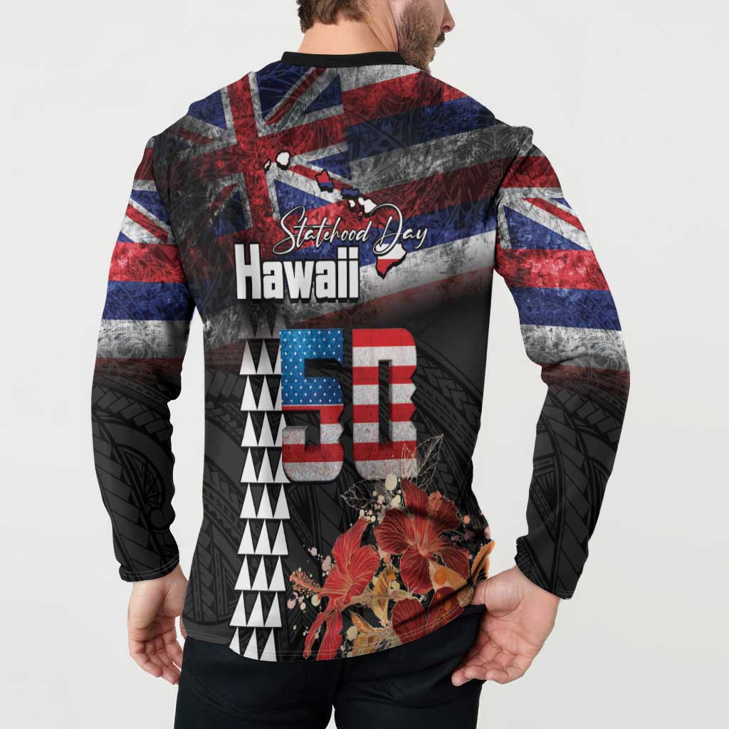 Hawaii Statehood Day Button Sweatshirt 50th state of the United States Kakau Tattoos and Hibiscus Grunge LT03 - Polynesian Pride