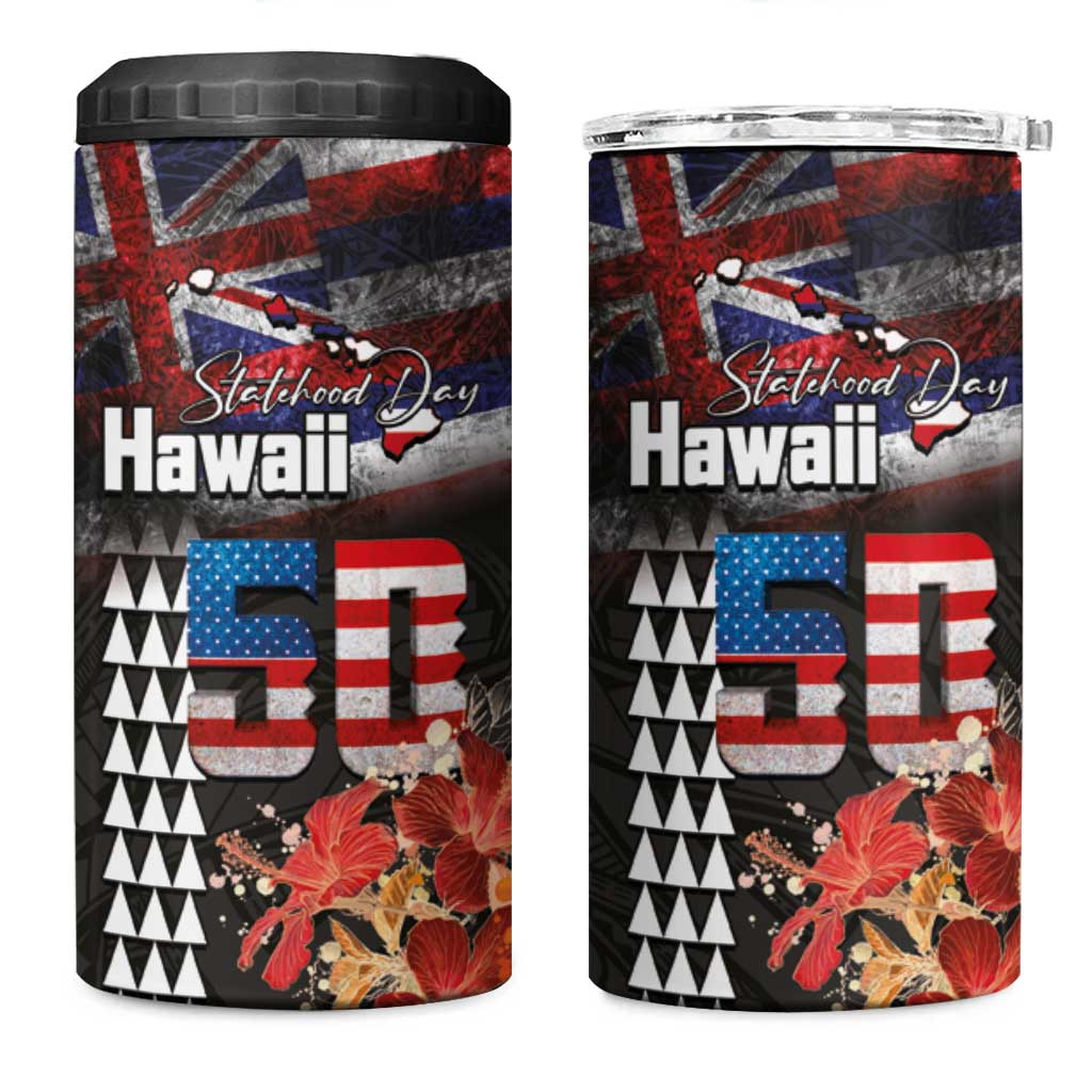 Hawaii Statehood Day 4 in 1 Can Cooler Tumbler 50th state of the United States Kakau Tattoos and Hibiscus Grunge - Polynesian Pride