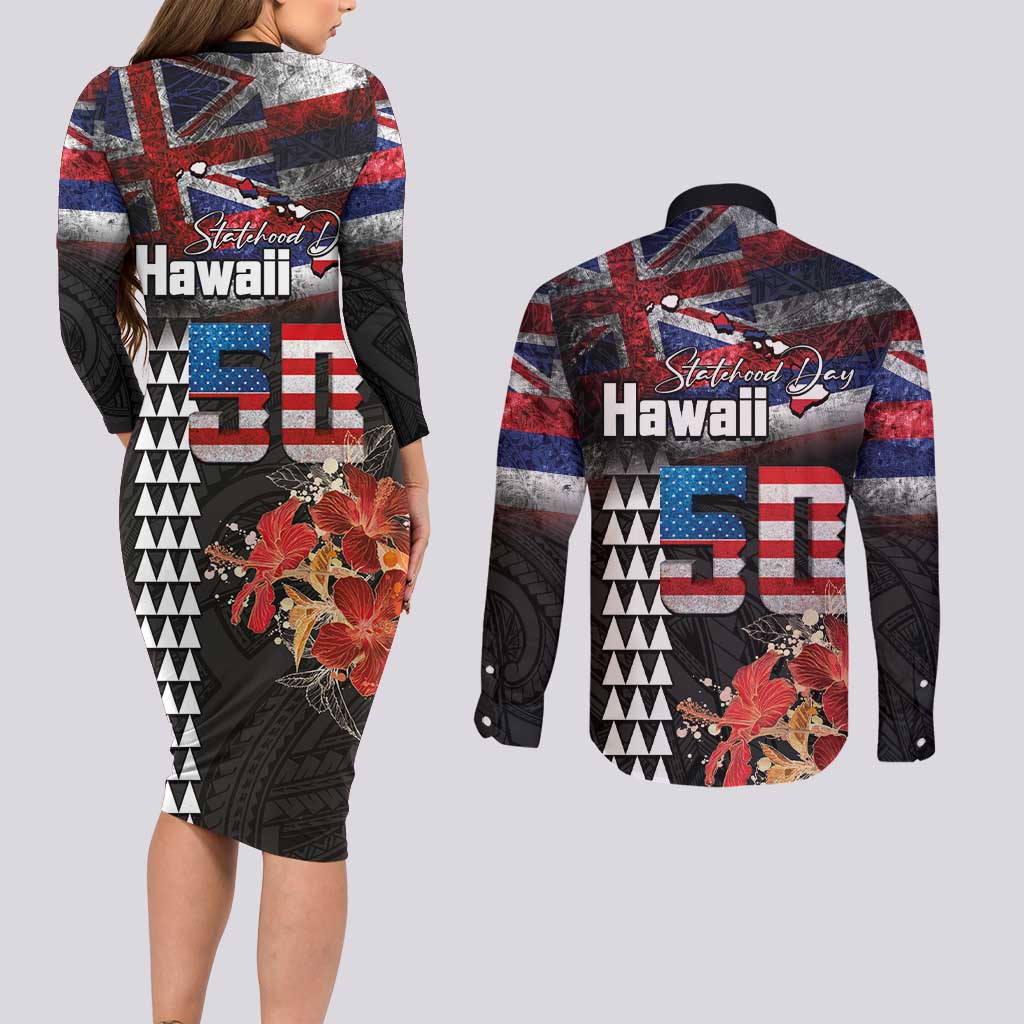 Hawaii Statehood Day Couples Matching Long Sleeve Bodycon Dress and Long Sleeve Button Shirt 50th state of the United States Kakau Tattoos and Hibiscus Grunge LT03 - Polynesian Pride