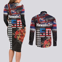Hawaii Statehood Day Couples Matching Long Sleeve Bodycon Dress and Long Sleeve Button Shirt 50th state of the United States Kakau Tattoos and Hibiscus Grunge LT03 - Polynesian Pride