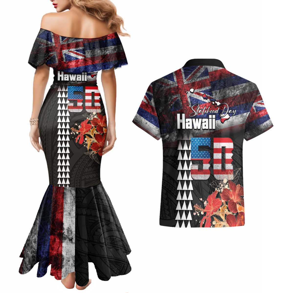 Hawaii Statehood Day Couples Matching Mermaid Dress and Hawaiian Shirt 50th state of the United States Kakau Tattoos and Hibiscus Grunge LT03 - Polynesian Pride