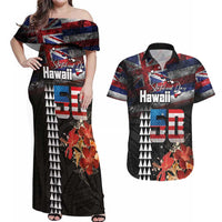 Hawaii Statehood Day Couples Matching Off Shoulder Maxi Dress and Hawaiian Shirt 50th state of the United States Kakau Tattoos and Hibiscus Grunge LT03 Black - Polynesian Pride