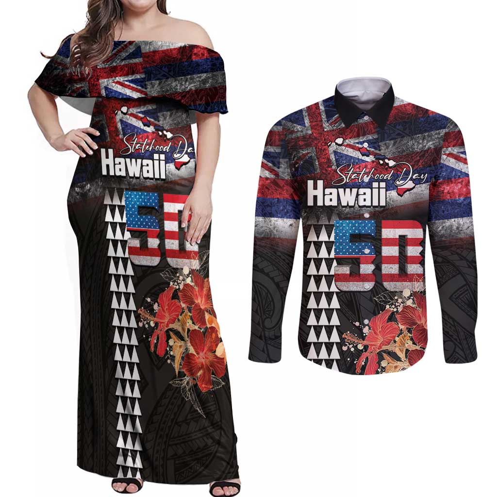 Hawaii Statehood Day Couples Matching Off Shoulder Maxi Dress and Long Sleeve Button Shirt 50th state of the United States Kakau Tattoos and Hibiscus Grunge LT03 Black - Polynesian Pride