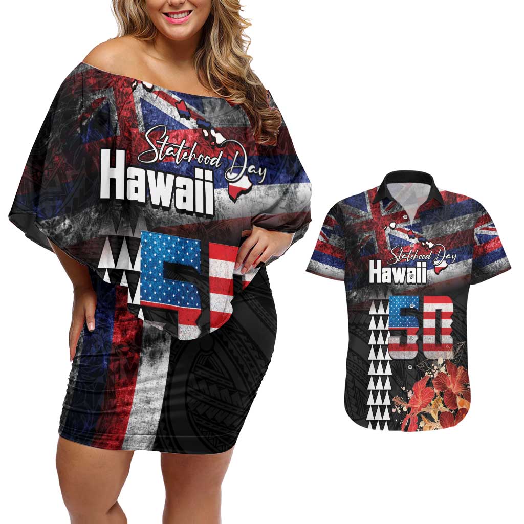 Hawaii Statehood Day Couples Matching Off Shoulder Short Dress and Hawaiian Shirt 50th state of the United States Kakau Tattoos and Hibiscus Grunge LT03 Black - Polynesian Pride