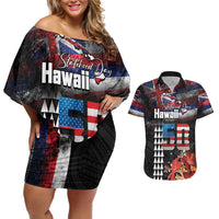 Hawaii Statehood Day Couples Matching Off Shoulder Short Dress and Hawaiian Shirt 50th state of the United States Kakau Tattoos and Hibiscus Grunge LT03 Black - Polynesian Pride