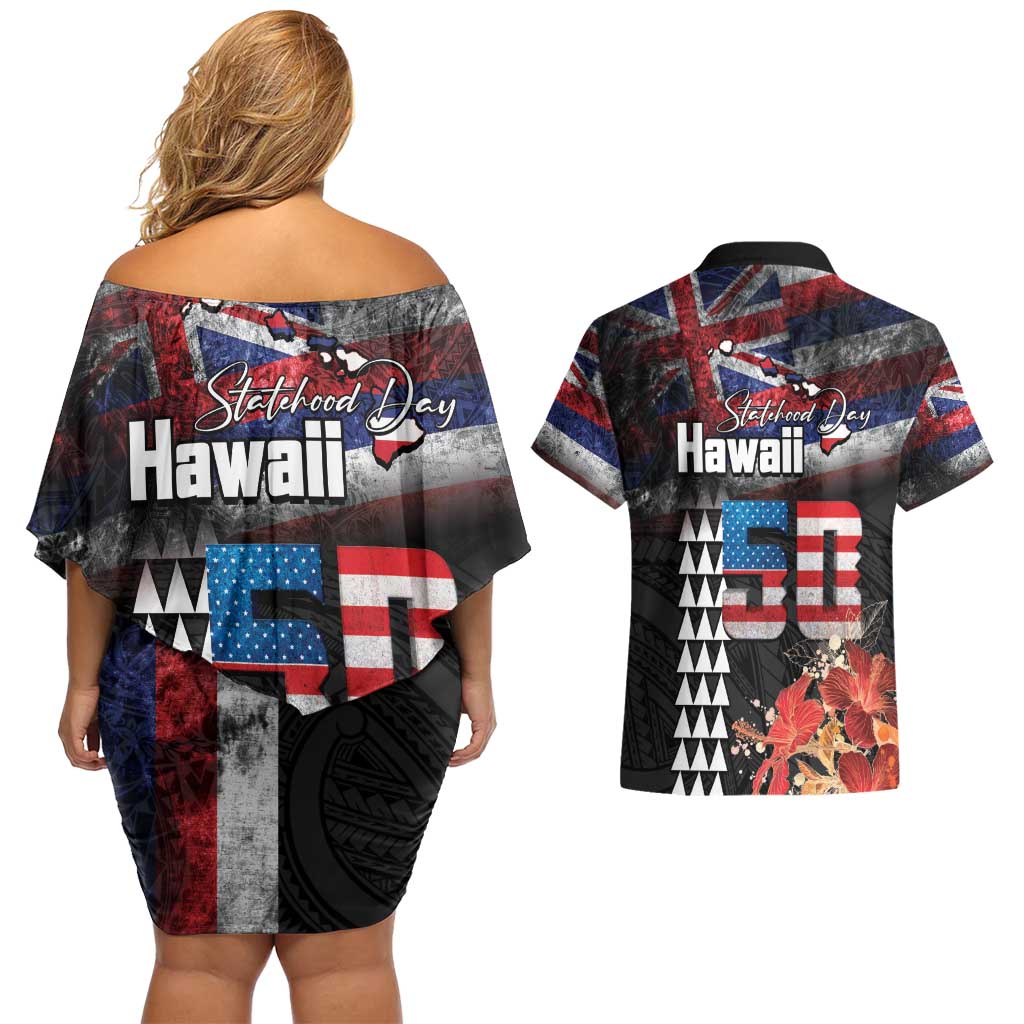 Hawaii Statehood Day Couples Matching Off Shoulder Short Dress and Hawaiian Shirt 50th state of the United States Kakau Tattoos and Hibiscus Grunge LT03 - Polynesian Pride