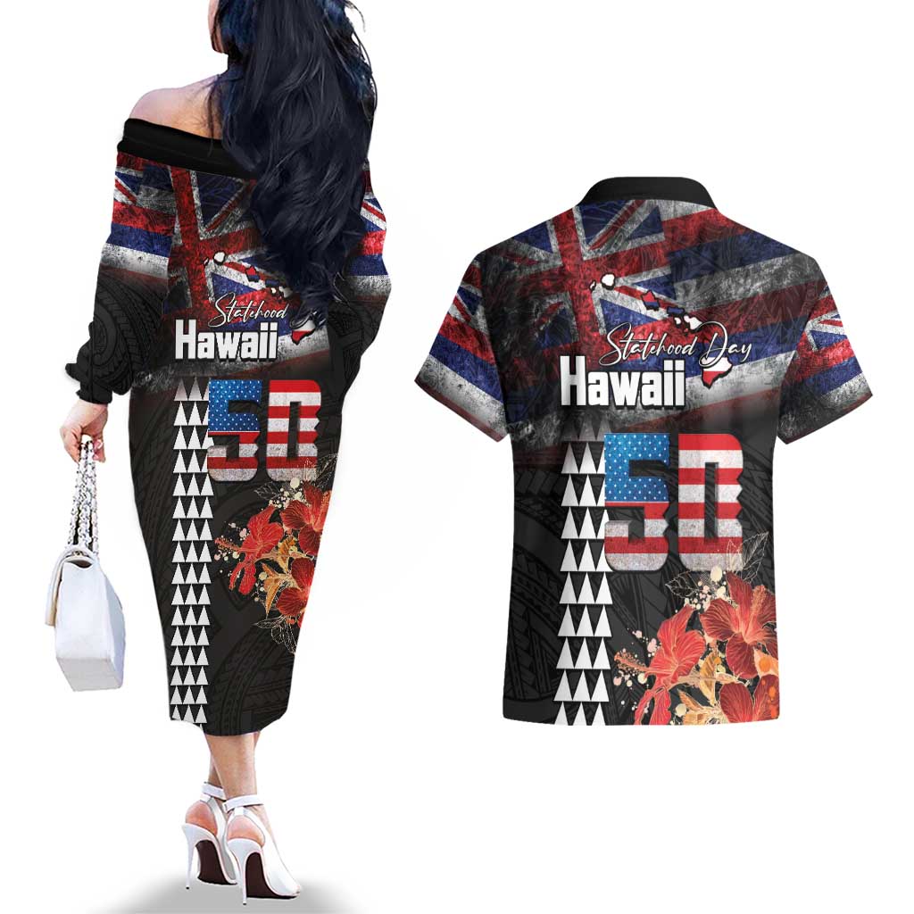 Hawaii Statehood Day Couples Matching Off The Shoulder Long Sleeve Dress and Hawaiian Shirt 50th state of the United States Kakau Tattoos and Hibiscus Grunge - Polynesian Pride