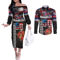 Hawaii Statehood Day Couples Matching Off The Shoulder Long Sleeve Dress and Long Sleeve Button Shirt 50th state of the United States Kakau Tattoos and Hibiscus Grunge LT03 Black - Polynesian Pride