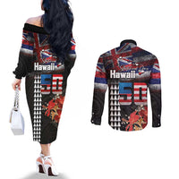 Hawaii Statehood Day Couples Matching Off The Shoulder Long Sleeve Dress and Long Sleeve Button Shirt 50th state of the United States Kakau Tattoos and Hibiscus Grunge LT03 - Polynesian Pride