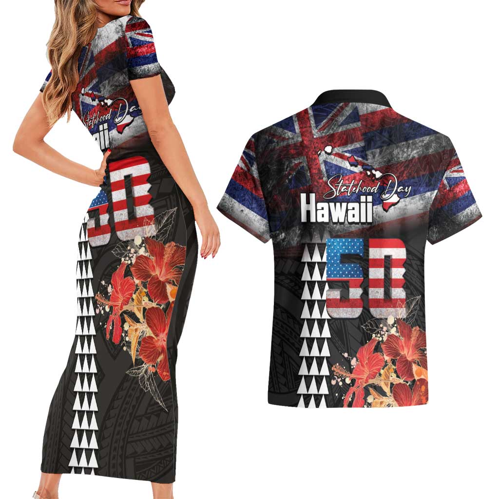 Hawaii Statehood Day Couples Matching Short Sleeve Bodycon Dress and Hawaiian Shirt 50th state of the United States Kakau Tattoos and Hibiscus Grunge LT03 - Polynesian Pride