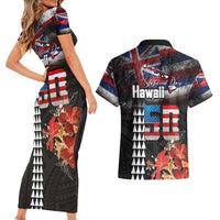 Hawaii Statehood Day Couples Matching Short Sleeve Bodycon Dress and Hawaiian Shirt 50th state of the United States Kakau Tattoos and Hibiscus Grunge LT03 - Polynesian Pride