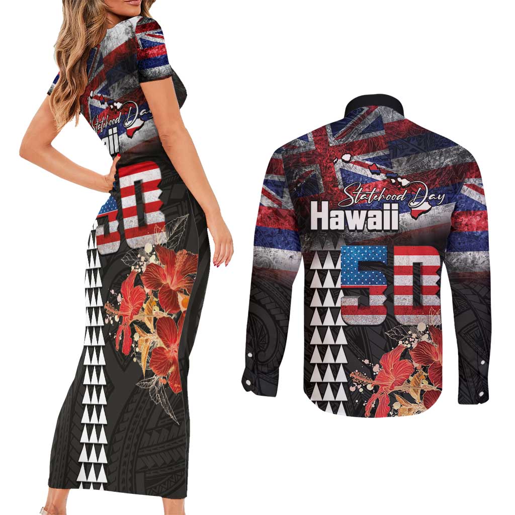 Hawaii Statehood Day Couples Matching Short Sleeve Bodycon Dress and Long Sleeve Button Shirt 50th state of the United States Kakau Tattoos and Hibiscus Grunge LT03 - Polynesian Pride
