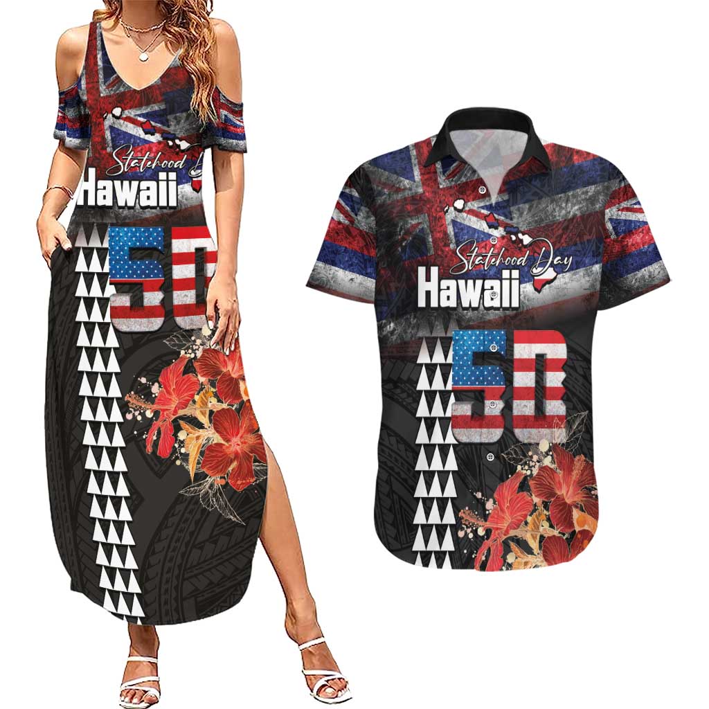 Hawaii Statehood Day Couples Matching Summer Maxi Dress and Hawaiian Shirt 50th state of the United States Kakau Tattoos and Hibiscus Grunge LT03 Black - Polynesian Pride