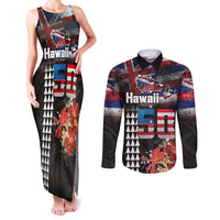 Hawaii Statehood Day Couples Matching Tank Maxi Dress and Long Sleeve Button Shirt 50th state of the United States Kakau Tattoos and Hibiscus Grunge LT03 Black - Polynesian Pride