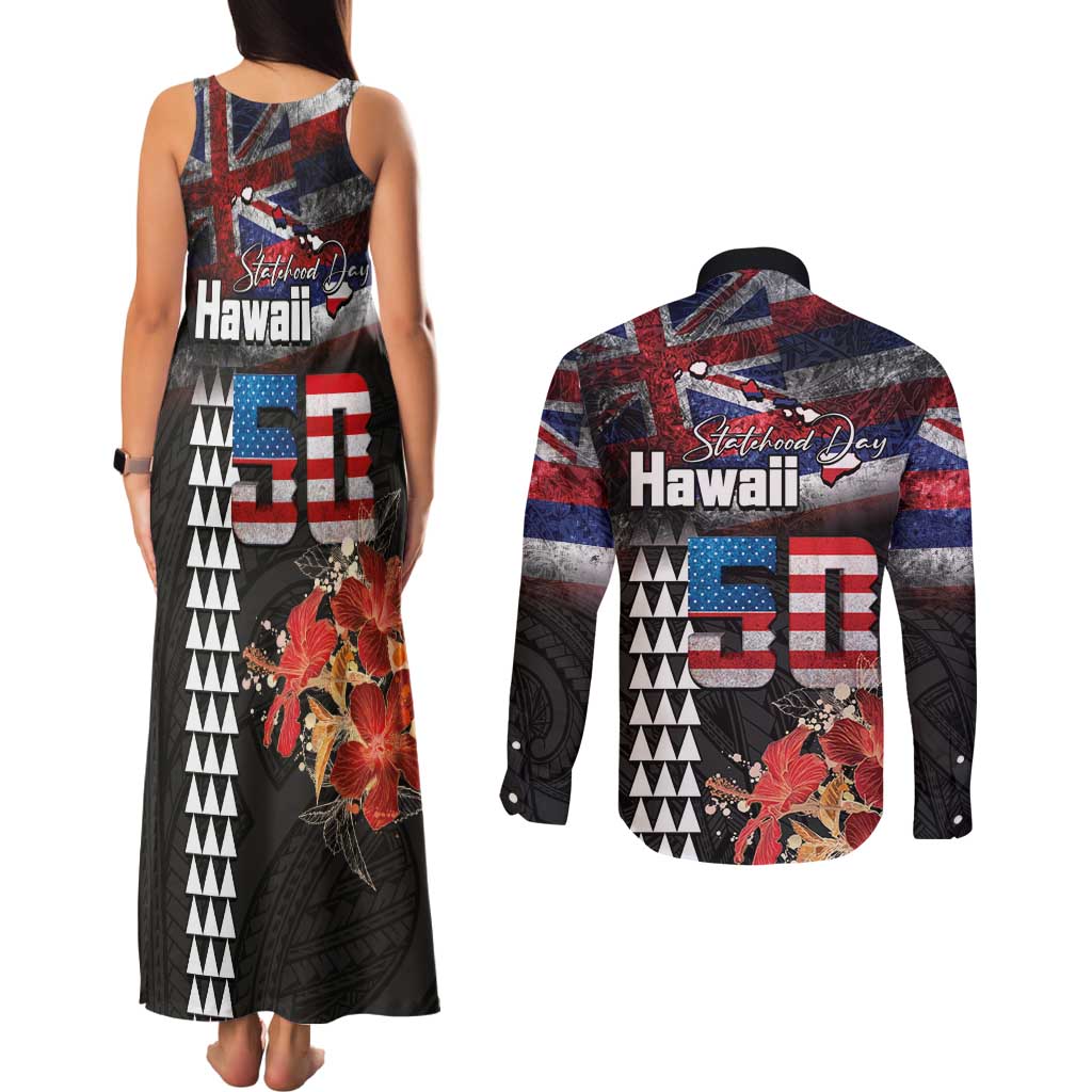 Hawaii Statehood Day Couples Matching Tank Maxi Dress and Long Sleeve Button Shirt 50th state of the United States Kakau Tattoos and Hibiscus Grunge LT03 - Polynesian Pride