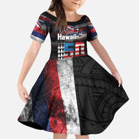 Hawaii Statehood Day Family Matching Long Sleeve Bodycon Dress and Hawaiian Shirt 50th state of the United States Kakau Tattoos and Hibiscus Grunge LT03 Daughter's Dress Black - Polynesian Pride