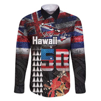 Hawaii Statehood Day Family Matching Long Sleeve Bodycon Dress and Hawaiian Shirt 50th state of the United States Kakau Tattoos and Hibiscus Grunge LT03 Dad's Shirt - Long Sleeve Black - Polynesian Pride