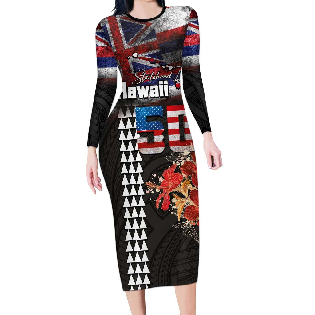 Hawaii Statehood Day Family Matching Long Sleeve Bodycon Dress and Hawaiian Shirt 50th state of the United States Kakau Tattoos and Hibiscus Grunge LT03 Mom's Dress Black - Polynesian Pride