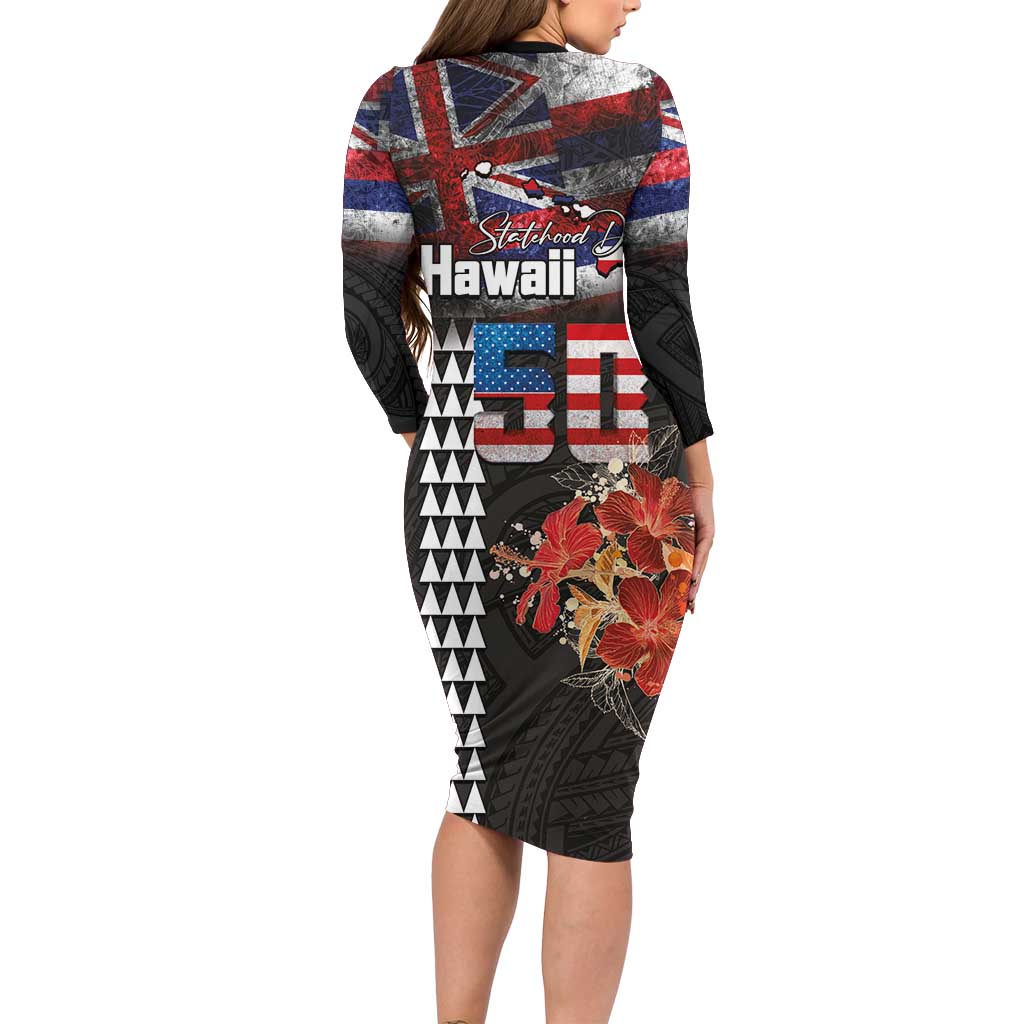 Hawaii Statehood Day Family Matching Long Sleeve Bodycon Dress and Hawaiian Shirt 50th state of the United States Kakau Tattoos and Hibiscus Grunge LT03 - Polynesian Pride
