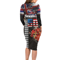 Hawaii Statehood Day Family Matching Long Sleeve Bodycon Dress and Hawaiian Shirt 50th state of the United States Kakau Tattoos and Hibiscus Grunge LT03 - Polynesian Pride