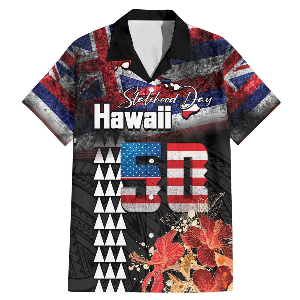 Hawaii Statehood Day Family Matching Mermaid Dress and Hawaiian Shirt 50th state of the United States Kakau Tattoos and Hibiscus Grunge LT03 Dad's Shirt - Short Sleeve Black - Polynesian Pride