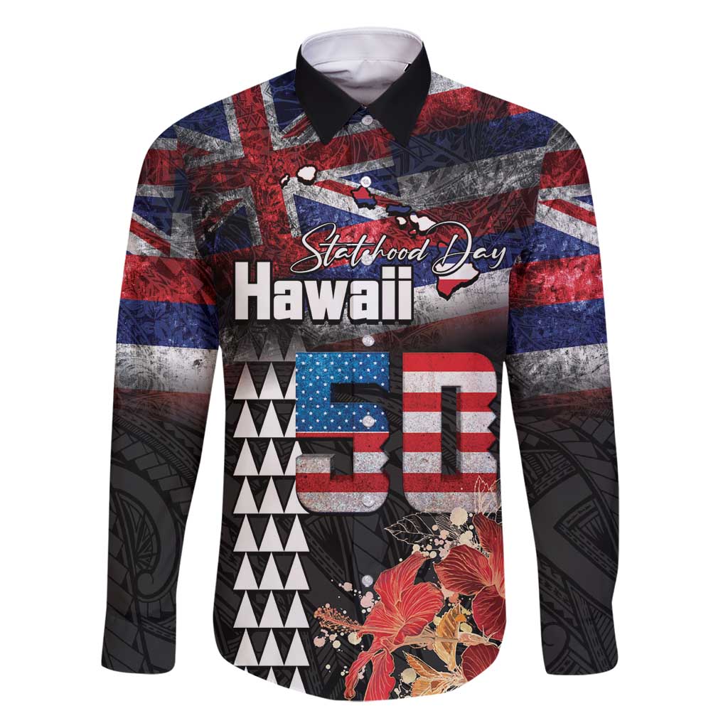 Hawaii Statehood Day Family Matching Mermaid Dress and Hawaiian Shirt 50th state of the United States Kakau Tattoos and Hibiscus Grunge LT03 Dad's Shirt - Long Sleeve Black - Polynesian Pride