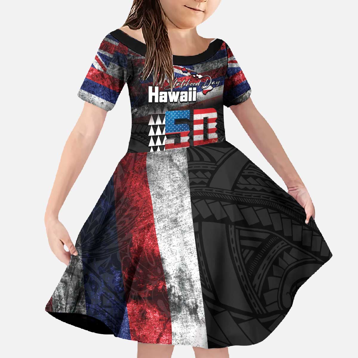 Hawaii Statehood Day Family Matching Off The Shoulder Long Sleeve Dress and Hawaiian Shirt 50th state of the United States Kakau Tattoos and Hibiscus Grunge - Polynesian Pride